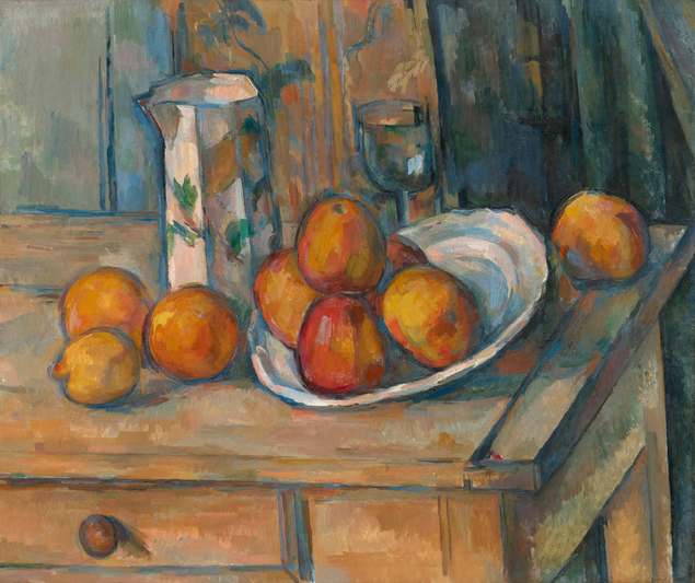 Oil painting of a vintage ceramic vase, apples, and draped linen on wooden table — classic still life composition